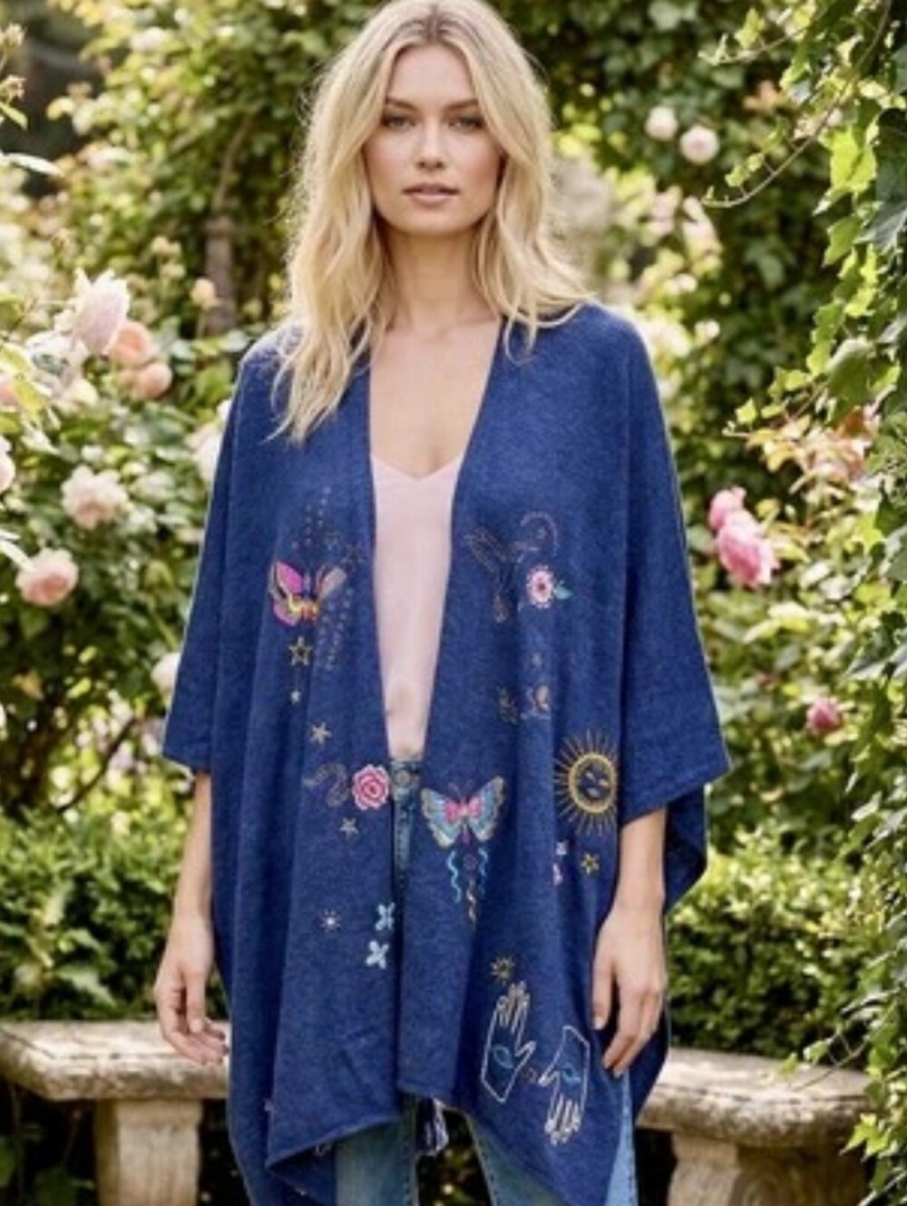 Johnny Was Navy Embroidered Open-Front Shawl with Tassels